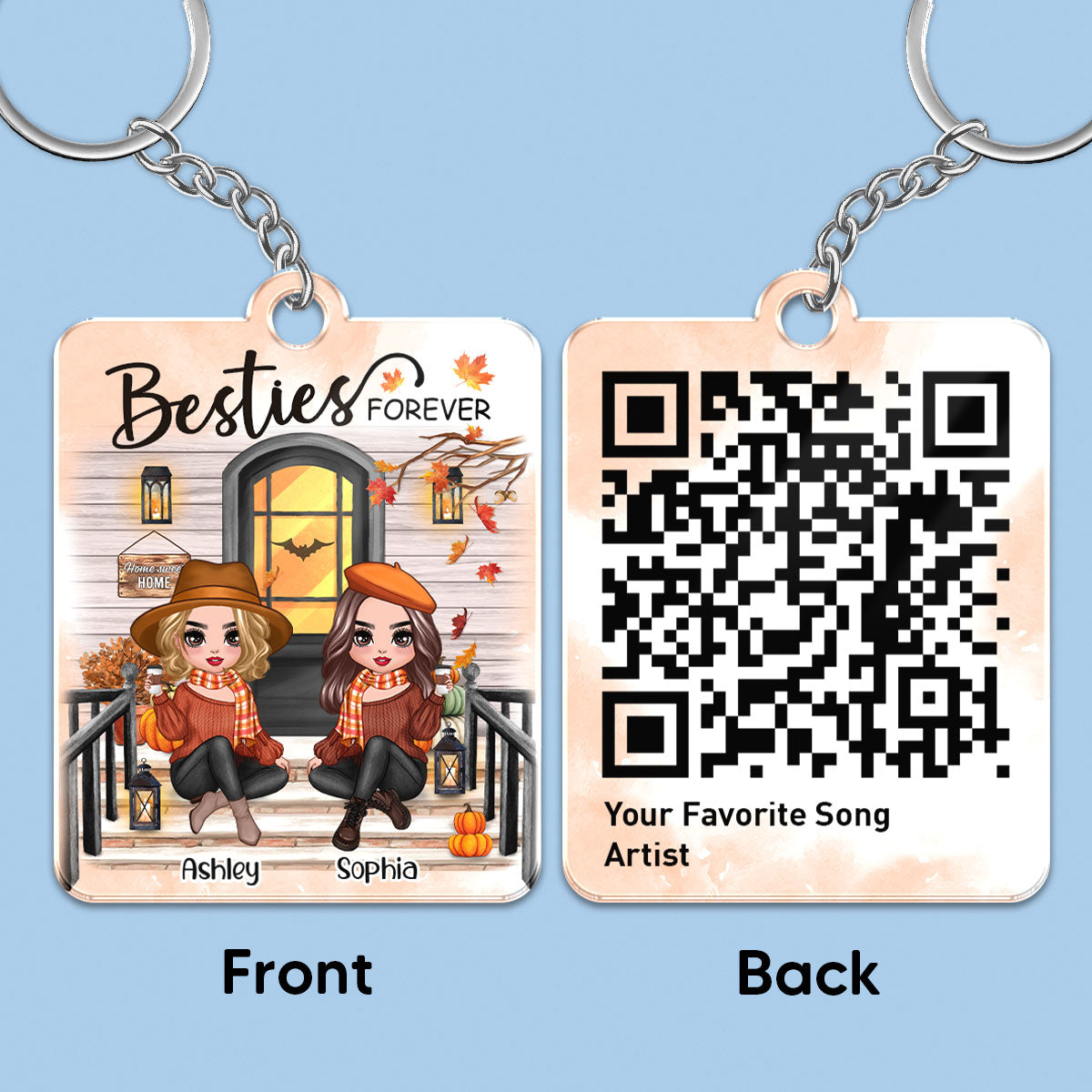 Fall Season Best Friends Sisters Front Porch Favorite Song Scannable QR Code Personalized Acrylic Keychain